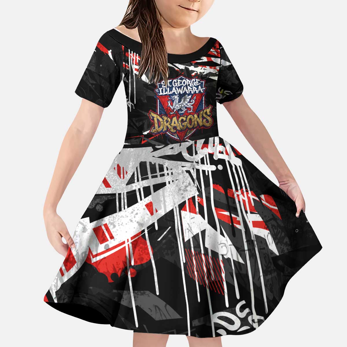 Personalized St. George Illawarra Dragons Kid Short Sleeve Dress Graffiti Grunge Abstract Urban Street Style Design
