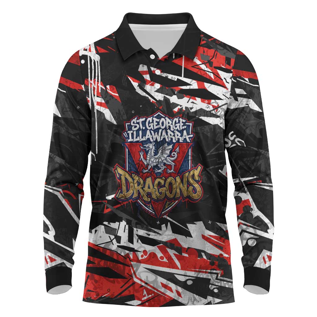 Personalized St. George Illawarra Dragons Long Sleeve Polo Shirt Graffiti Grunge Abstract Urban Street Style Design