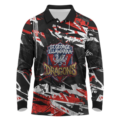 Personalized St. George Illawarra Dragons Long Sleeve Polo Shirt Graffiti Grunge Abstract Urban Street Style Design