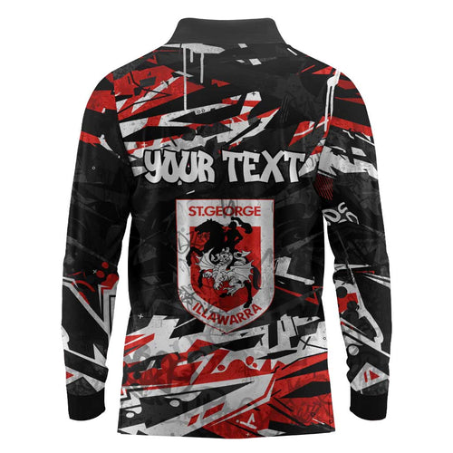Personalized St. George Illawarra Dragons Long Sleeve Polo Shirt Graffiti Grunge Abstract Urban Street Style Design