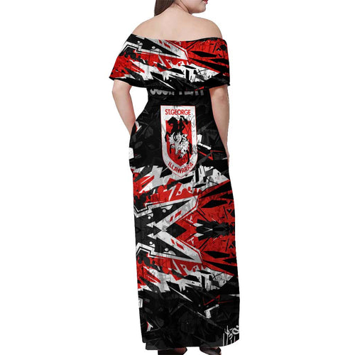 Personalized St. George Illawarra Dragons Off Shoulder Maxi Dress Graffiti Grunge Abstract Urban Street Style Design
