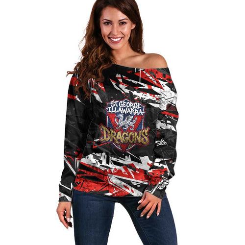 Personalized St. George Illawarra Dragons Off Shoulder Sweater Graffiti Grunge Abstract Urban Street Style Design