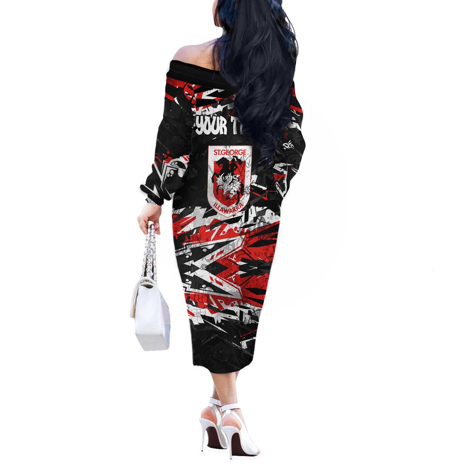 Personalized St. George Illawarra Dragons Off The Shoulder Long Sleeve Dress Graffiti Grunge Abstract Urban Street Style Design