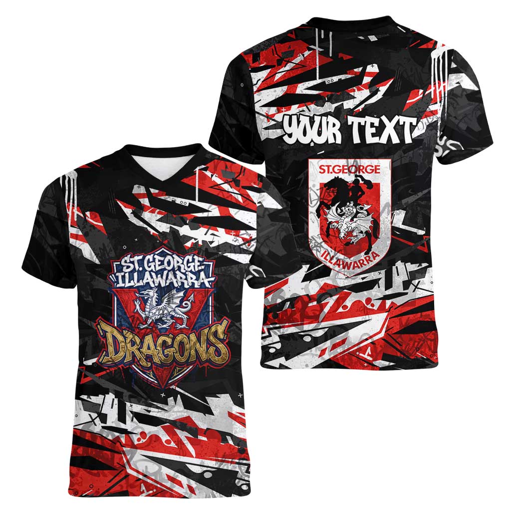 Personalized St. George Illawarra Dragons Women V-Neck T-Shirt Graffiti Grunge Abstract Urban Street Style Design
