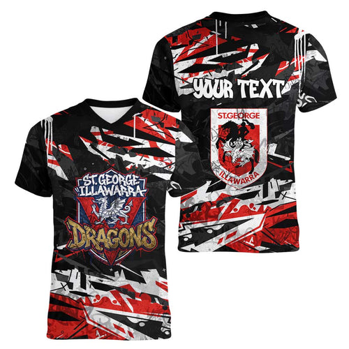 Personalized St. George Illawarra Dragons Women V-Neck T-Shirt Graffiti Grunge Abstract Urban Street Style Design