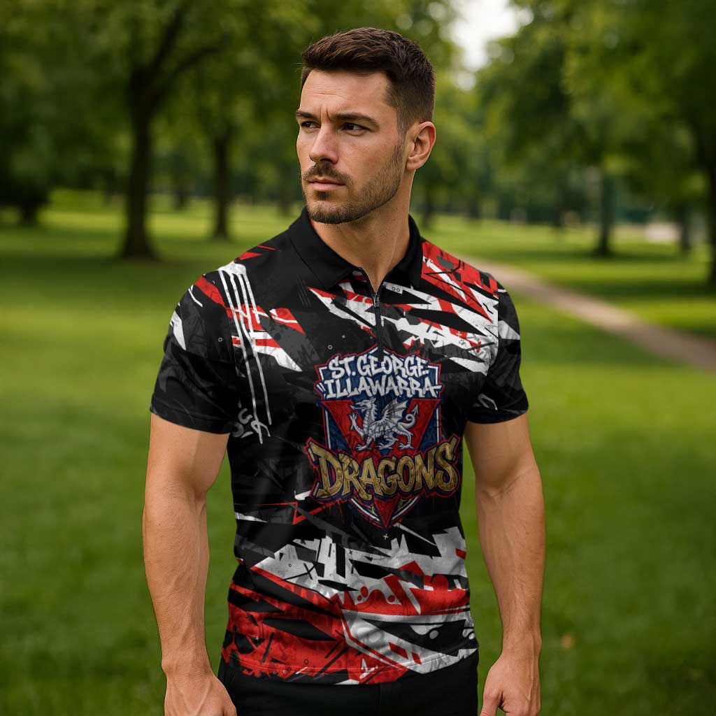 Personalized St. George Illawarra Dragons Zipper Polo Shirt Graffiti Grunge Abstract Urban Street Style Design