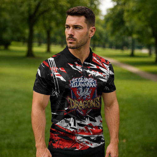 Personalized St. George Illawarra Dragons Zipper Polo Shirt Graffiti Grunge Abstract Urban Street Style Design