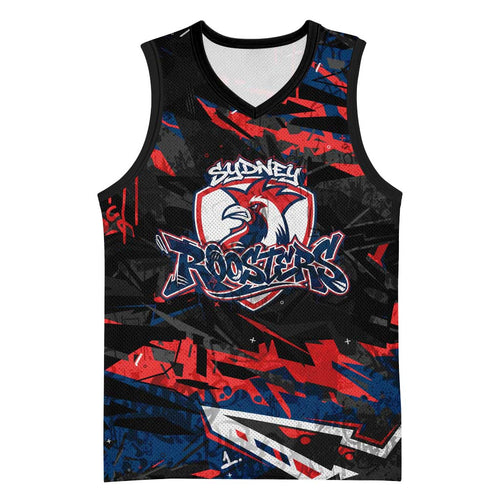 Personalized Sydney Roosters Basketball Jersey Graffiti Grunge Abstract Urban Street Style Design