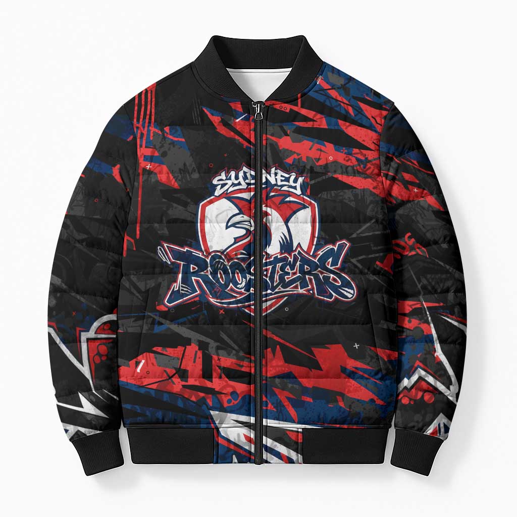 Personalized Sydney Roosters Bomber Puffer Jacket Graffiti Grunge Abstract Urban Street Style Design