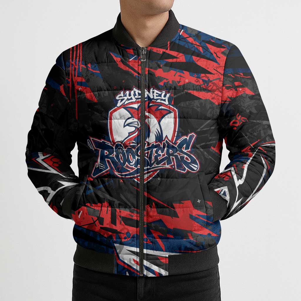 Personalized Sydney Roosters Bomber Puffer Jacket Graffiti Grunge Abstract Urban Street Style Design