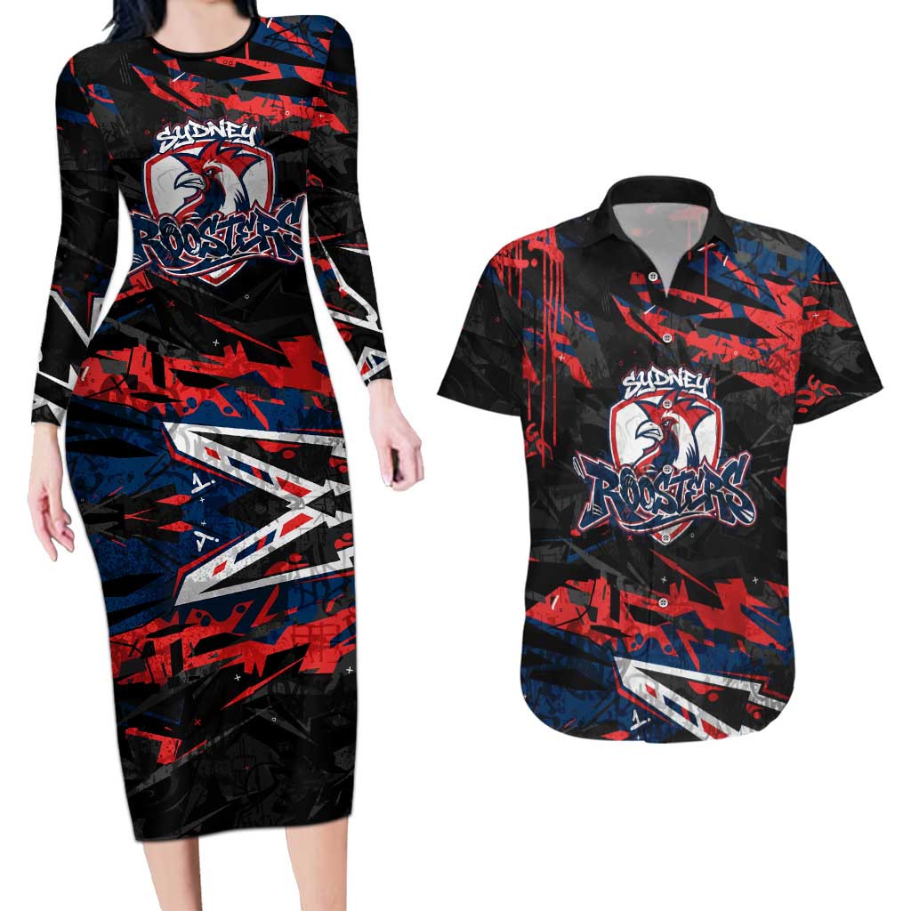 Personalized Sydney Roosters Couples Matching Long Sleeve Bodycon Dress and Hawaiian Shirt Graffiti Grunge Abstract Urban Street Style Design