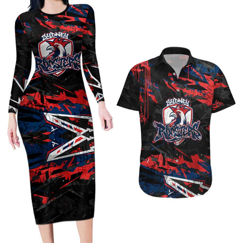 Personalized Sydney Roosters Couples Matching Long Sleeve Bodycon Dress and Hawaiian Shirt Graffiti Grunge Abstract Urban Street Style Design