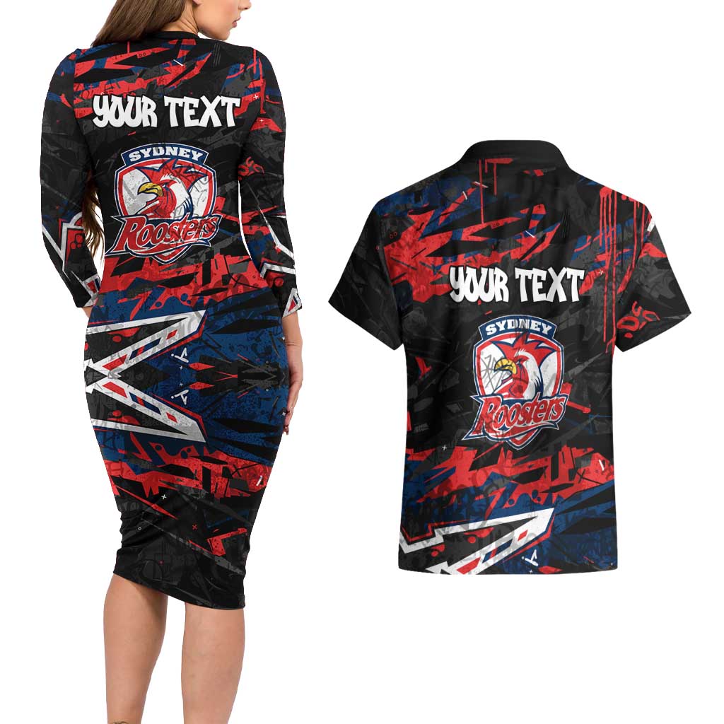 Personalized Sydney Roosters Couples Matching Long Sleeve Bodycon Dress and Hawaiian Shirt Graffiti Grunge Abstract Urban Street Style Design