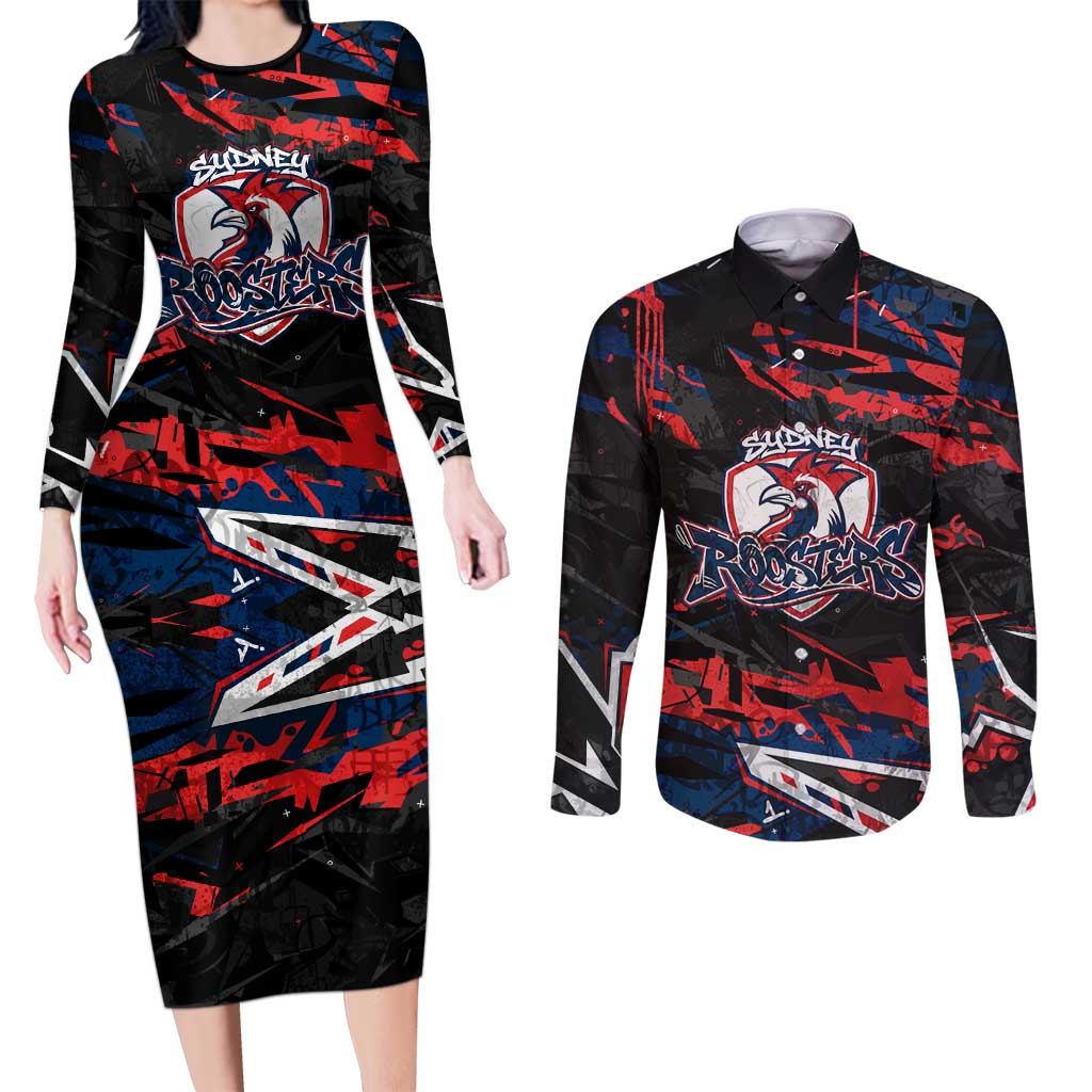 Personalized Sydney Roosters Couples Matching Long Sleeve Bodycon Dress and Long Sleeve Button Shirt Graffiti Grunge Abstract Urban Street Style Design