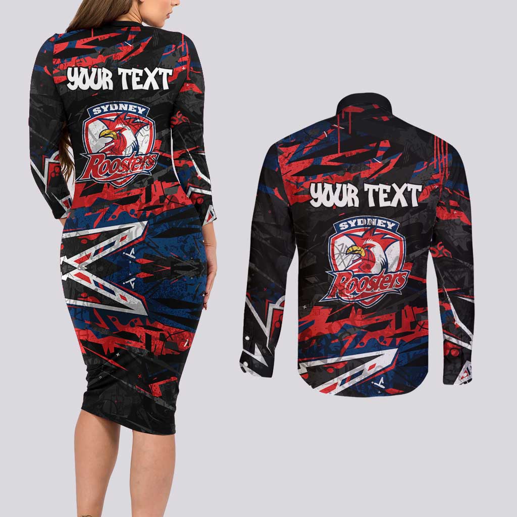 Personalized Sydney Roosters Couples Matching Long Sleeve Bodycon Dress and Long Sleeve Button Shirt Graffiti Grunge Abstract Urban Street Style Design