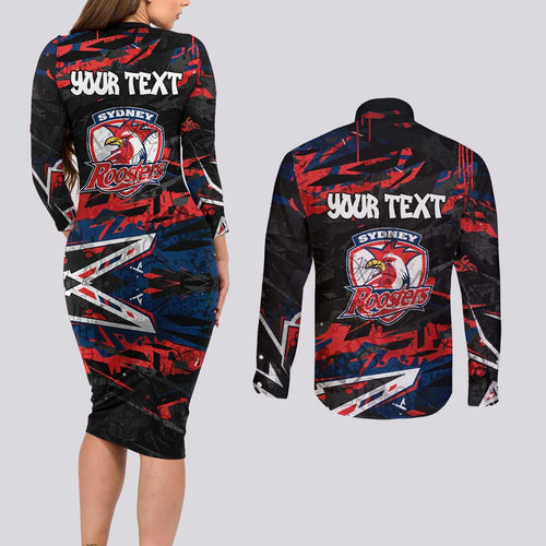 Personalized Sydney Roosters Couples Matching Long Sleeve Bodycon Dress and Long Sleeve Button Shirt Graffiti Grunge Abstract Urban Street Style Design