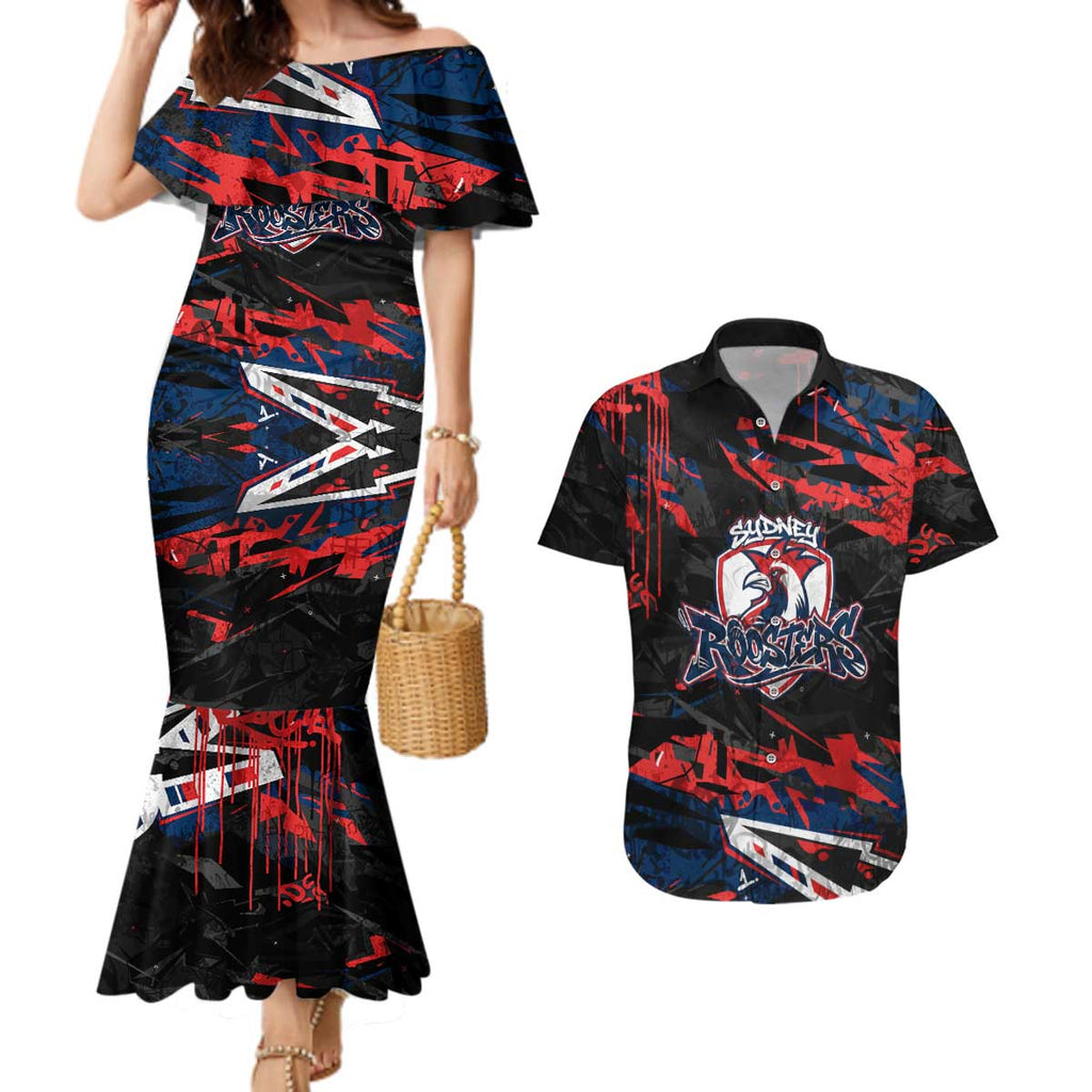 Personalized Sydney Roosters Couples Matching Mermaid Dress and Hawaiian Shirt Graffiti Grunge Abstract Urban Street Style Design