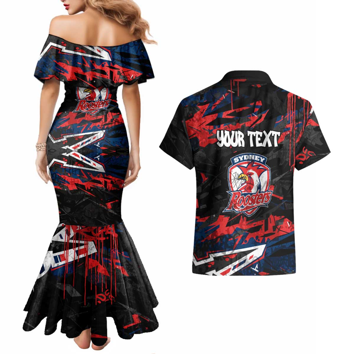 Personalized Sydney Roosters Couples Matching Mermaid Dress and Hawaiian Shirt Graffiti Grunge Abstract Urban Street Style Design