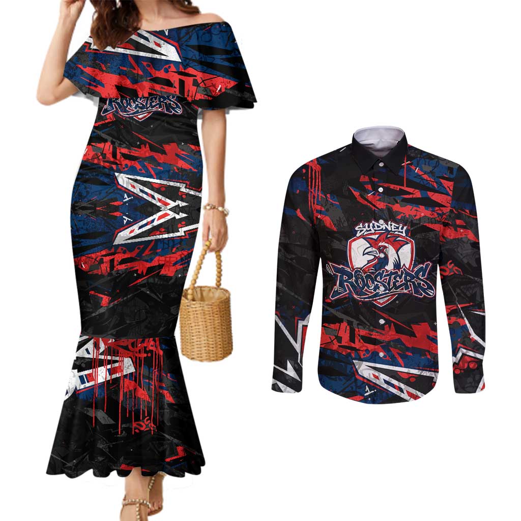 Personalized Sydney Roosters Couples Matching Mermaid Dress and Long Sleeve Button Shirt Graffiti Grunge Abstract Urban Street Style Design