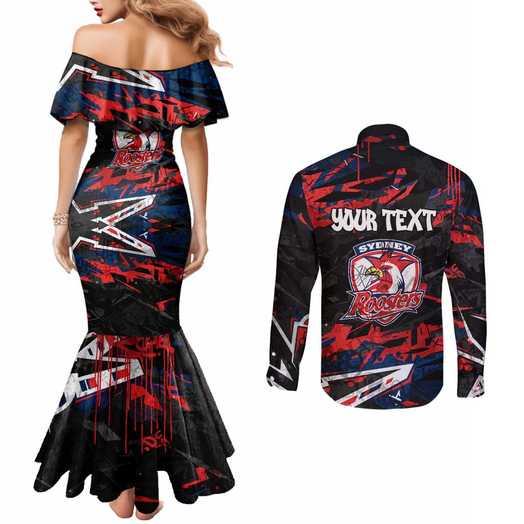 Personalized Sydney Roosters Couples Matching Mermaid Dress and Long Sleeve Button Shirt Graffiti Grunge Abstract Urban Street Style Design