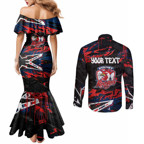Personalized Sydney Roosters Couples Matching Mermaid Dress and Long Sleeve Button Shirt Graffiti Grunge Abstract Urban Street Style Design