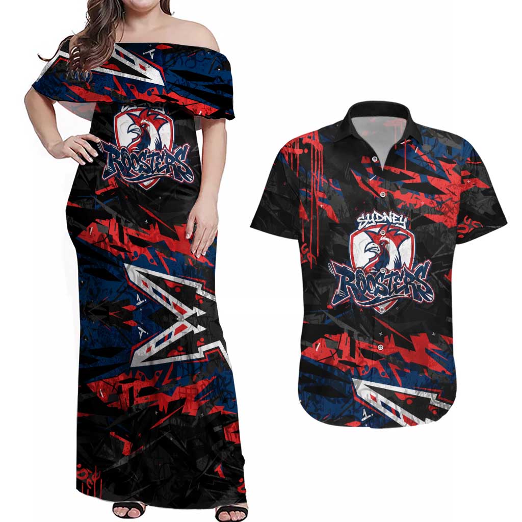 Personalized Sydney Roosters Couples Matching Off Shoulder Maxi Dress and Hawaiian Shirt Graffiti Grunge Abstract Urban Street Style Design