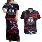 Personalized Sydney Roosters Couples Matching Off Shoulder Maxi Dress and Hawaiian Shirt Graffiti Grunge Abstract Urban Street Style Design