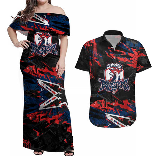 Personalized Sydney Roosters Couples Matching Off Shoulder Maxi Dress and Hawaiian Shirt Graffiti Grunge Abstract Urban Street Style Design