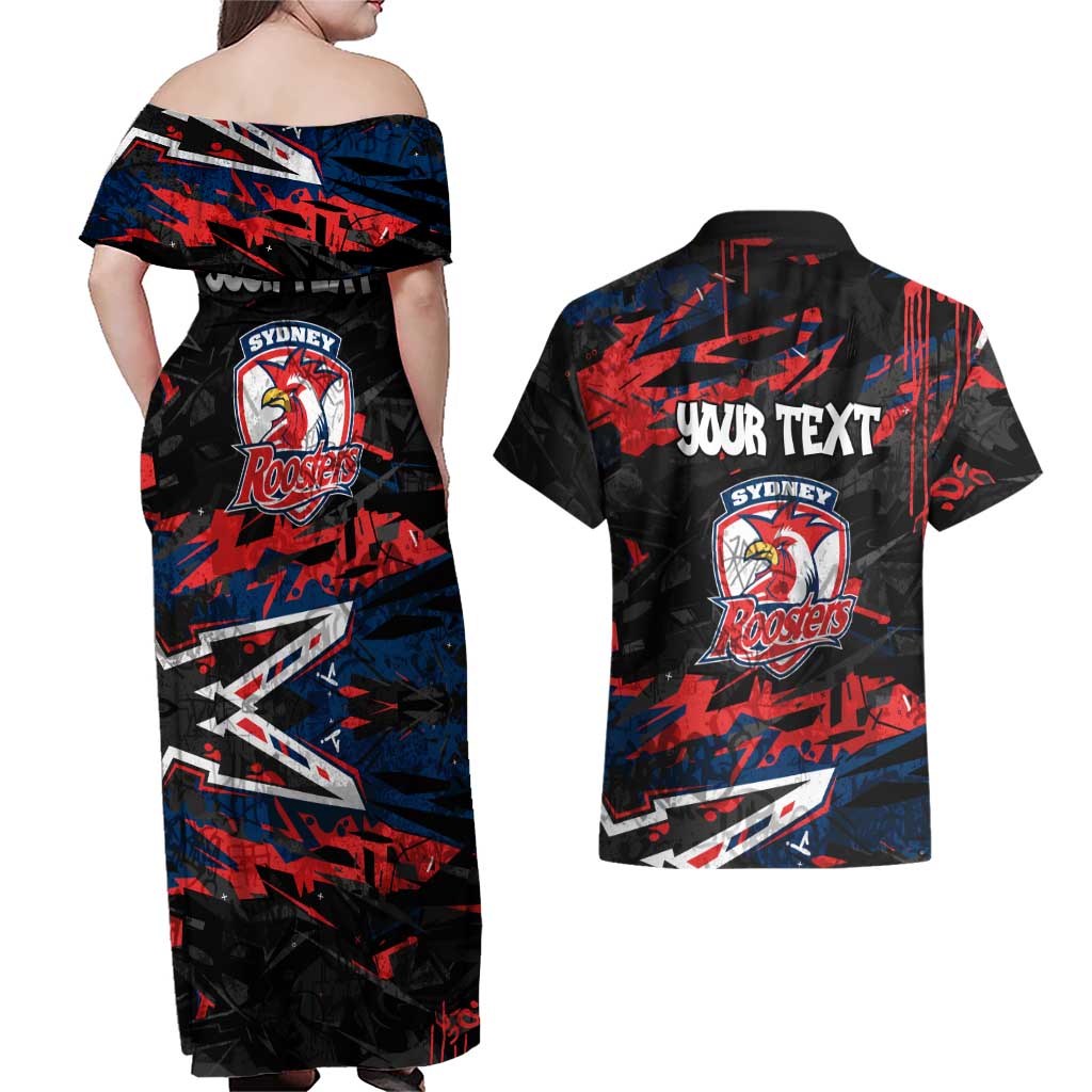 Personalized Sydney Roosters Couples Matching Off Shoulder Maxi Dress and Hawaiian Shirt Graffiti Grunge Abstract Urban Street Style Design