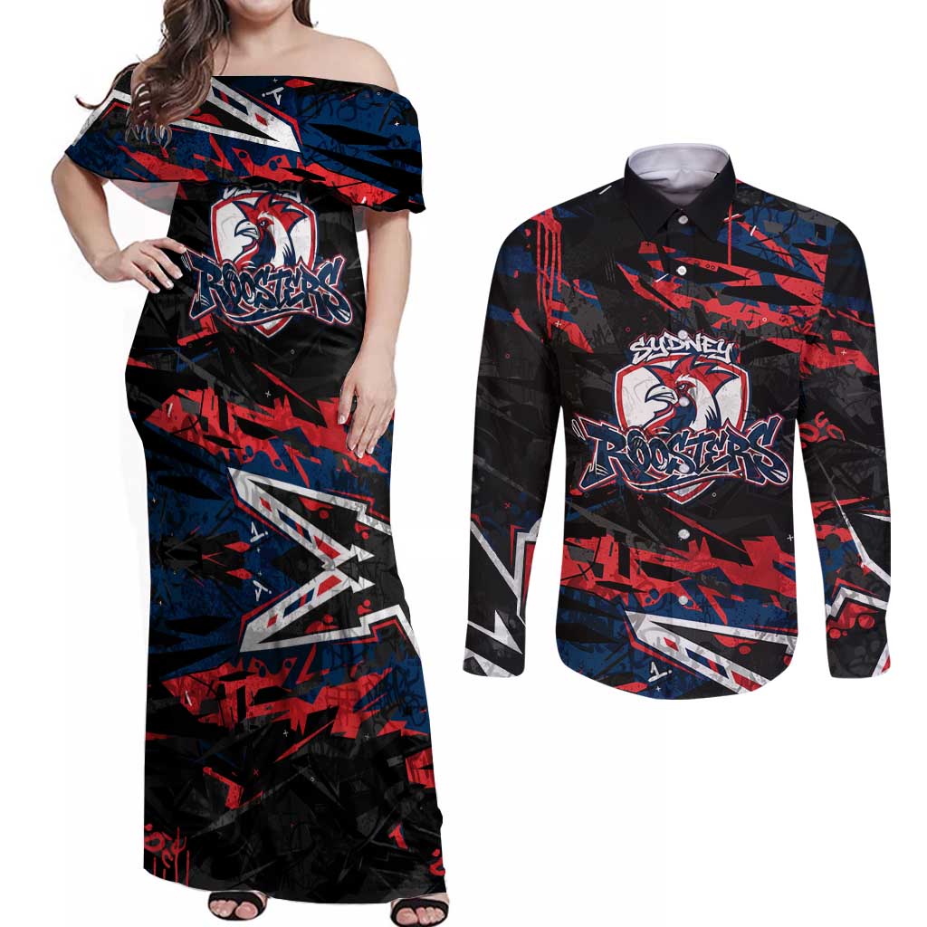 Personalized Sydney Roosters Couples Matching Off Shoulder Maxi Dress and Long Sleeve Button Shirt Graffiti Grunge Abstract Urban Street Style Design