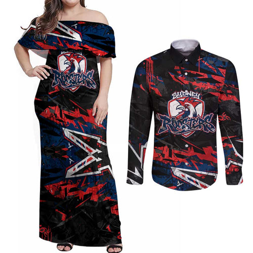 Personalized Sydney Roosters Couples Matching Off Shoulder Maxi Dress and Long Sleeve Button Shirt Graffiti Grunge Abstract Urban Street Style Design