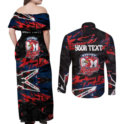 Personalized Sydney Roosters Couples Matching Off Shoulder Maxi Dress and Long Sleeve Button Shirt Graffiti Grunge Abstract Urban Street Style Design