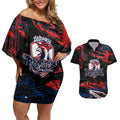 Personalized Sydney Roosters Couples Matching Off Shoulder Short Dress and Hawaiian Shirt Graffiti Grunge Abstract Urban Street Style Design