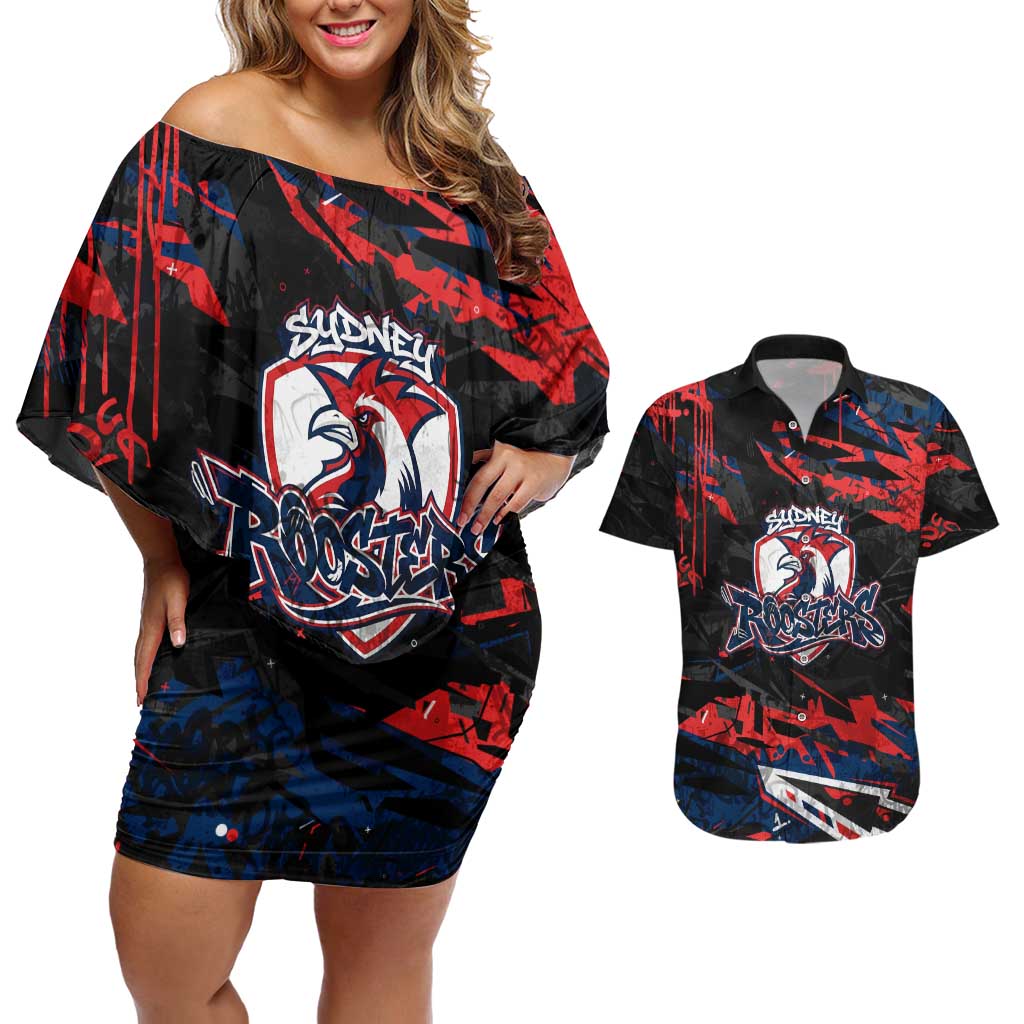 Personalized Sydney Roosters Couples Matching Off Shoulder Short Dress and Hawaiian Shirt Graffiti Grunge Abstract Urban Street Style Design