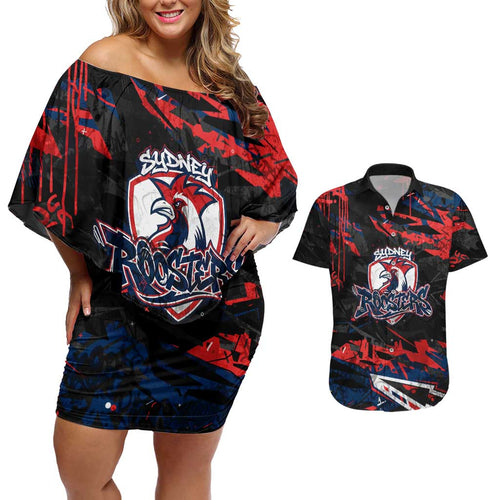Personalized Sydney Roosters Couples Matching Off Shoulder Short Dress and Hawaiian Shirt Graffiti Grunge Abstract Urban Street Style Design