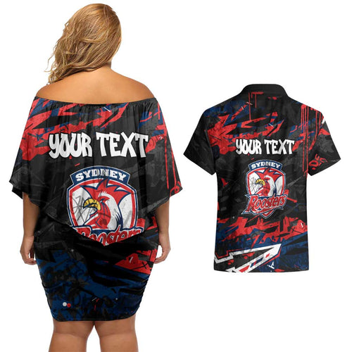 Personalized Sydney Roosters Couples Matching Off Shoulder Short Dress and Hawaiian Shirt Graffiti Grunge Abstract Urban Street Style Design