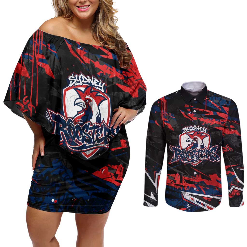 Personalized Sydney Roosters Couples Matching Off Shoulder Short Dress and Long Sleeve Button Shirt Graffiti Grunge Abstract Urban Street Style Design