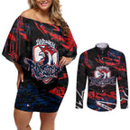 Personalized Sydney Roosters Couples Matching Off Shoulder Short Dress and Long Sleeve Button Shirt Graffiti Grunge Abstract Urban Street Style Design