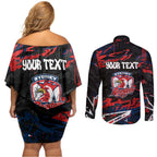 Personalized Sydney Roosters Couples Matching Off Shoulder Short Dress and Long Sleeve Button Shirt Graffiti Grunge Abstract Urban Street Style Design