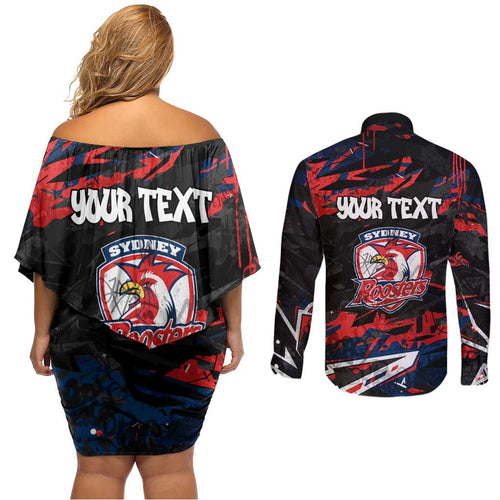 Personalized Sydney Roosters Couples Matching Off Shoulder Short Dress and Long Sleeve Button Shirt Graffiti Grunge Abstract Urban Street Style Design