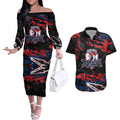 Personalized Sydney Roosters Couples Matching Off The Shoulder Long Sleeve Dress and Hawaiian Shirt Graffiti Grunge Abstract Urban Street Style Design