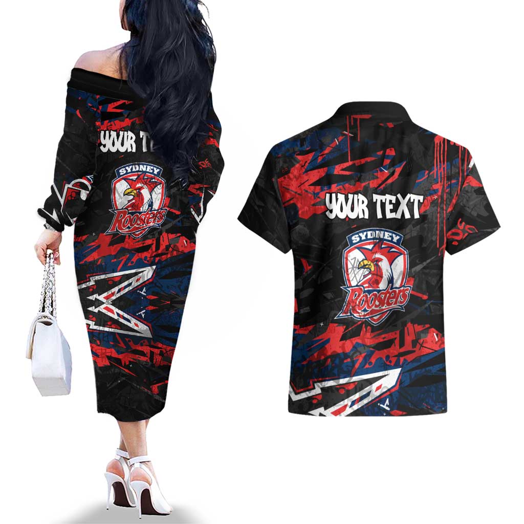 Personalized Sydney Roosters Couples Matching Off The Shoulder Long Sleeve Dress and Hawaiian Shirt Graffiti Grunge Abstract Urban Street Style Design