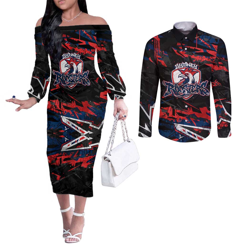 Personalized Sydney Roosters Couples Matching Off The Shoulder Long Sleeve Dress and Long Sleeve Button Shirt Graffiti Grunge Abstract Urban Street Style Design