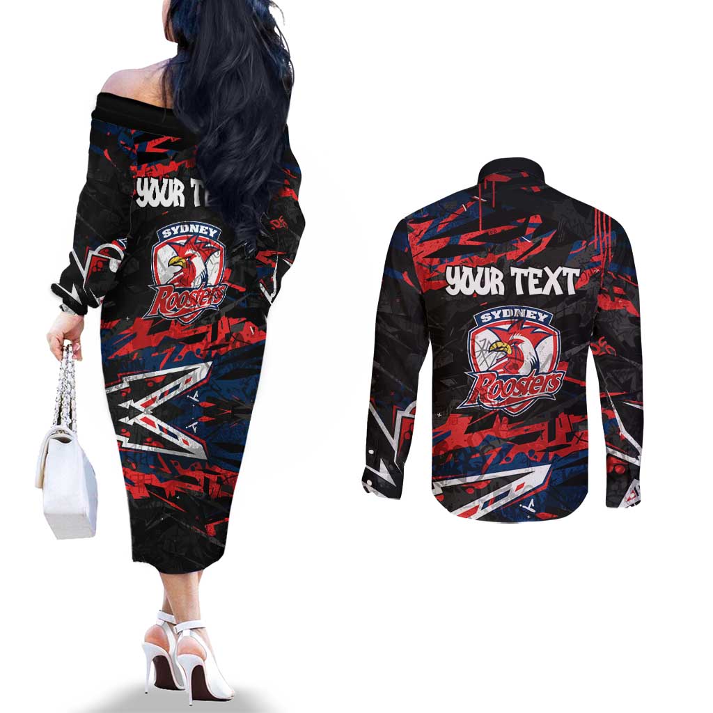 Personalized Sydney Roosters Couples Matching Off The Shoulder Long Sleeve Dress and Long Sleeve Button Shirt Graffiti Grunge Abstract Urban Street Style Design