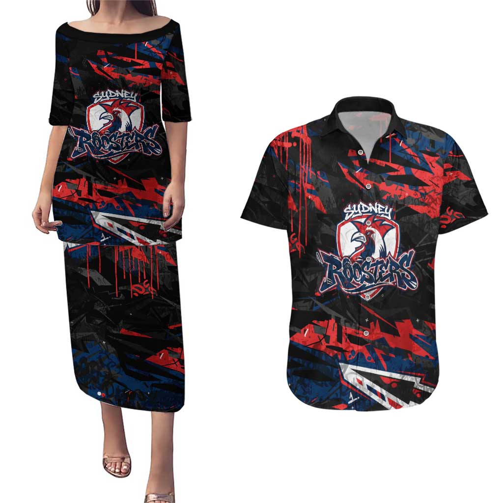 Personalized Sydney Roosters Couples Matching Puletasi and Hawaiian Shirt Graffiti Grunge Abstract Urban Street Style Design
