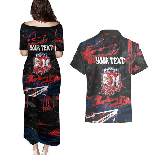 Personalized Sydney Roosters Couples Matching Puletasi and Hawaiian Shirt Graffiti Grunge Abstract Urban Street Style Design