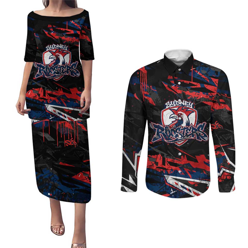 Personalized Sydney Roosters Couples Matching Puletasi and Long Sleeve Button Shirt Graffiti Grunge Abstract Urban Street Style Design