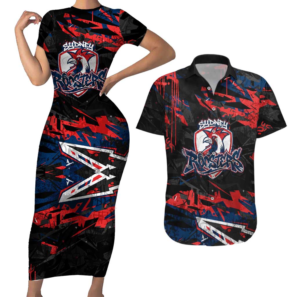 Personalized Sydney Roosters Couples Matching Short Sleeve Bodycon Dress and Hawaiian Shirt Graffiti Grunge Abstract Urban Street Style Design