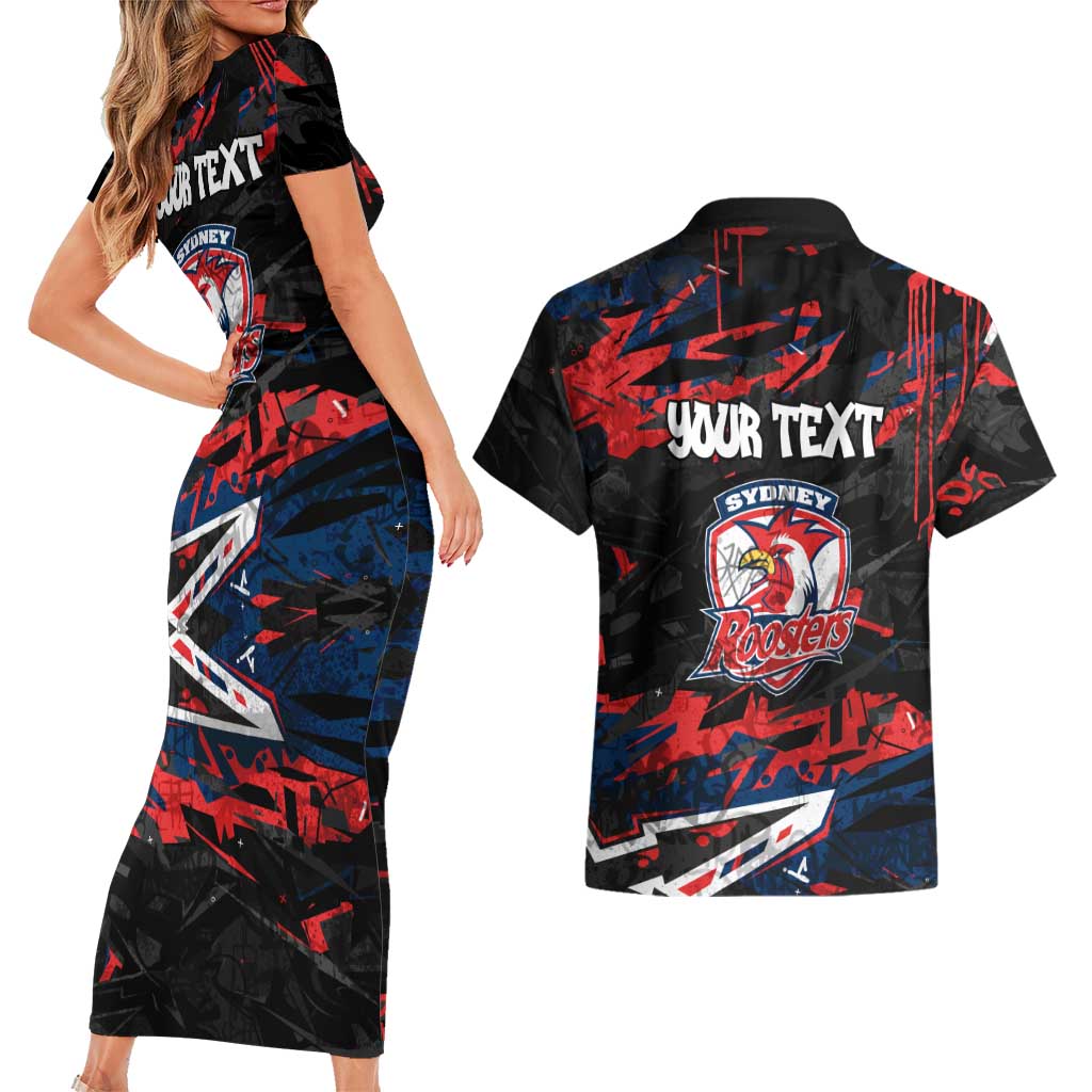 Personalized Sydney Roosters Couples Matching Short Sleeve Bodycon Dress and Hawaiian Shirt Graffiti Grunge Abstract Urban Street Style Design