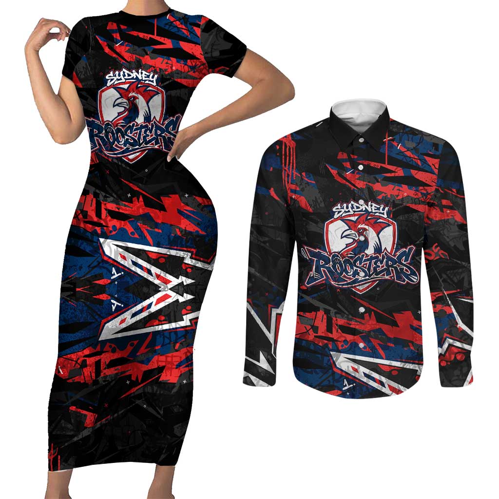 Personalized Sydney Roosters Couples Matching Short Sleeve Bodycon Dress and Long Sleeve Button Shirt Graffiti Grunge Abstract Urban Street Style Design